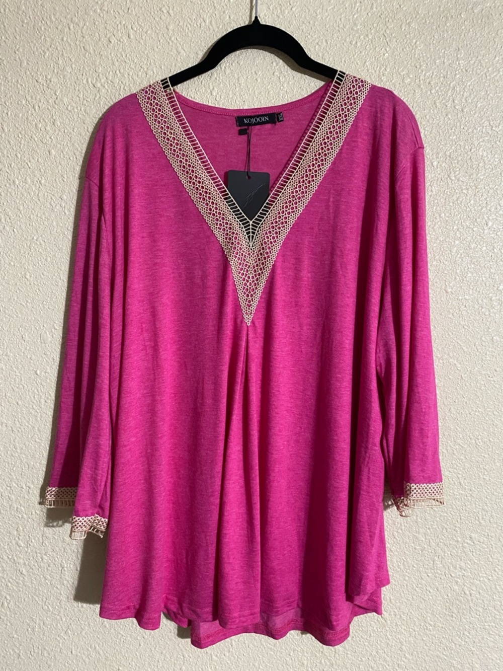 NWT Kojooin Pink 3/4 Sleeve Top with Lace Detail Size XXL